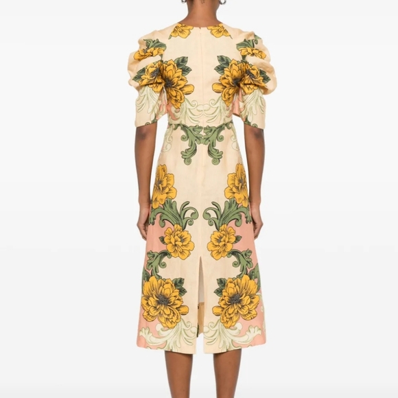 Floral Puff-Sleeve Midi Dress in Pale Yellow - Picture 2 of 3